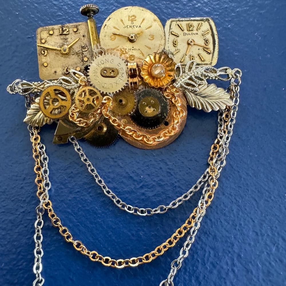 Vintage Watch Face Brooch/Pin and Earrings Set—Signed by Artist